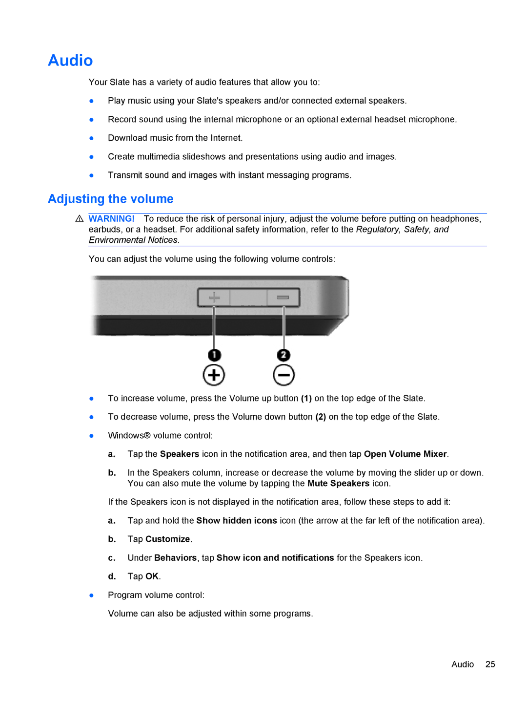 HP 500 manual Audio, Adjusting the volume 