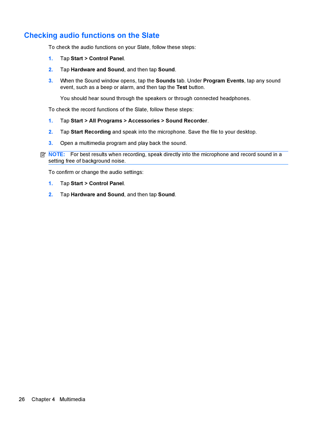 HP 500 manual Checking audio functions on the Slate, Tap Start All Programs Accessories Sound Recorder 