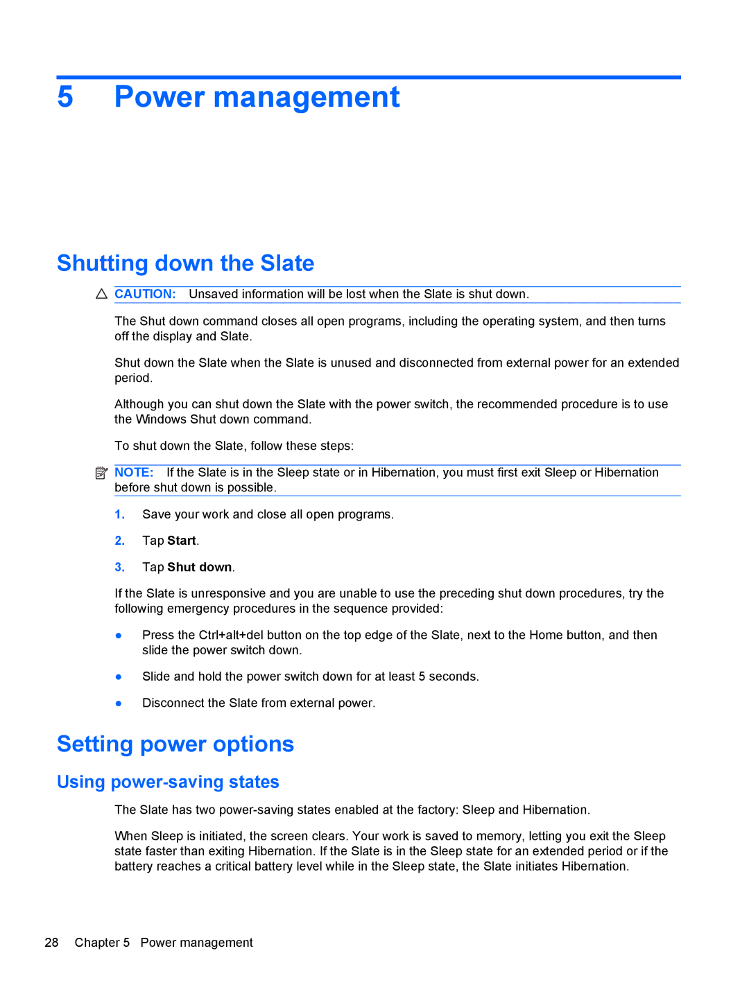 HP 500 manual Power management, Shutting down the Slate, Setting power options, Using power-saving states 