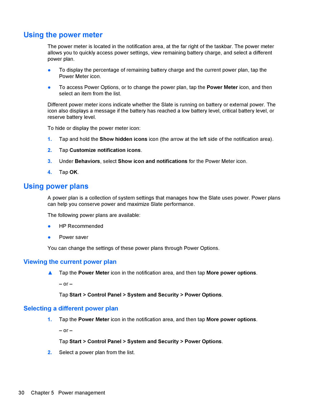 HP 500 manual Using the power meter, Using power plans 