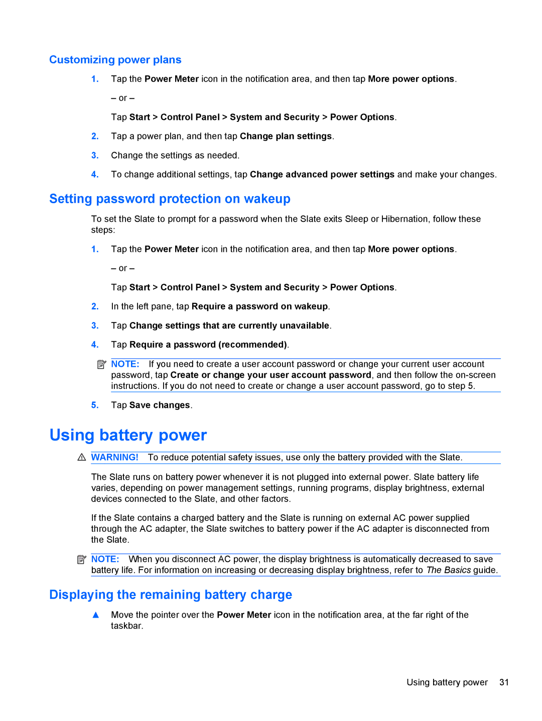 HP 500 manual Using battery power, Setting password protection on wakeup, Displaying the remaining battery charge 