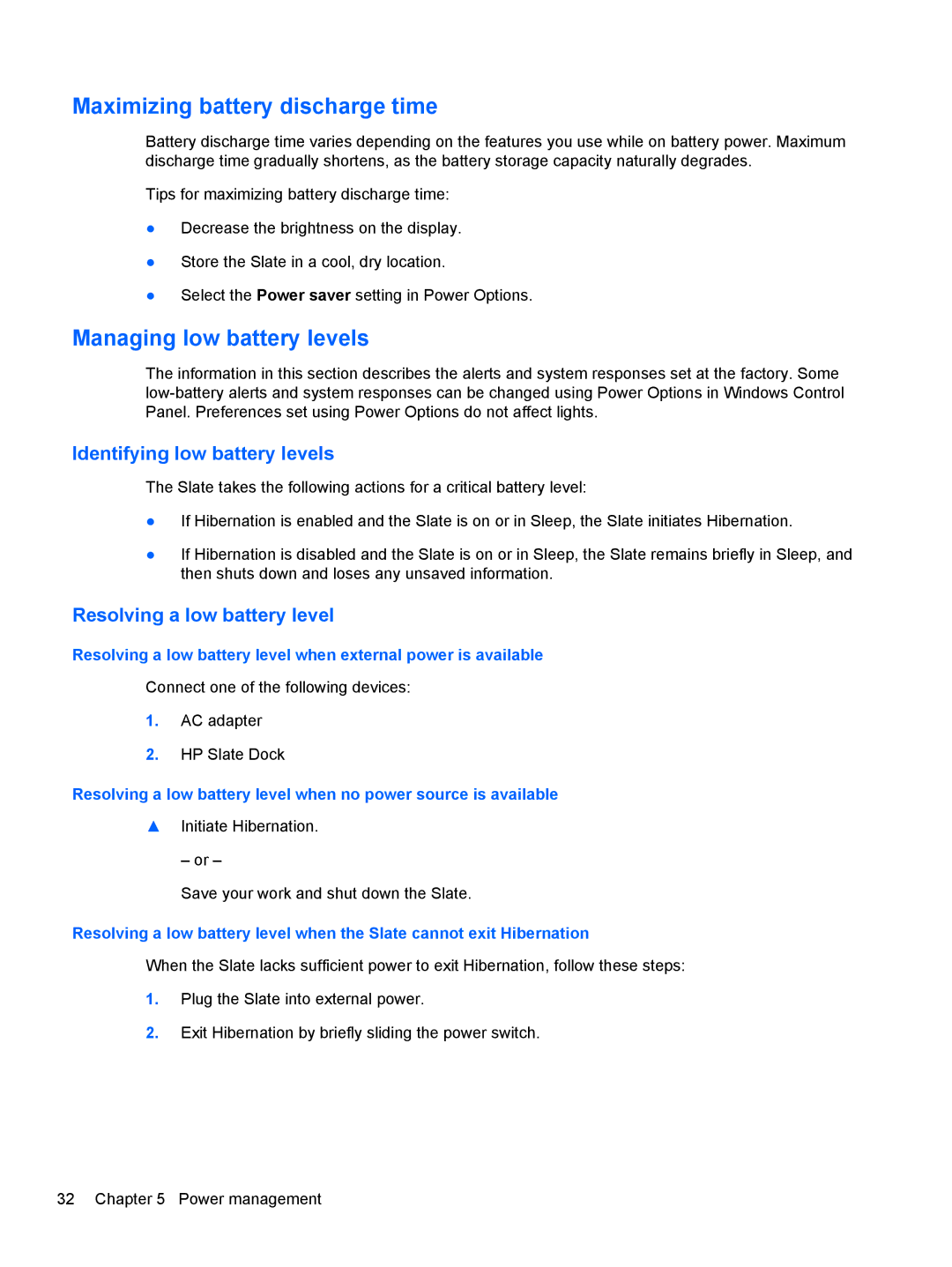 HP 500 manual Maximizing battery discharge time, Managing low battery levels 