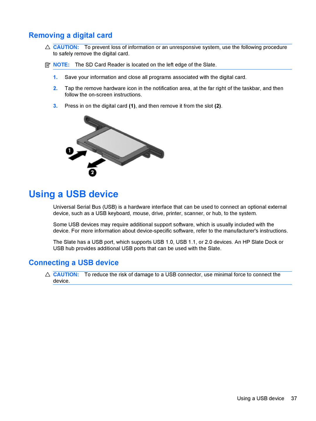 HP 500 manual Using a USB device, Removing a digital card, Connecting a USB device 