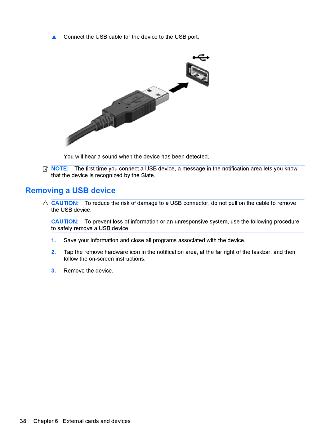 HP 500 manual Removing a USB device 