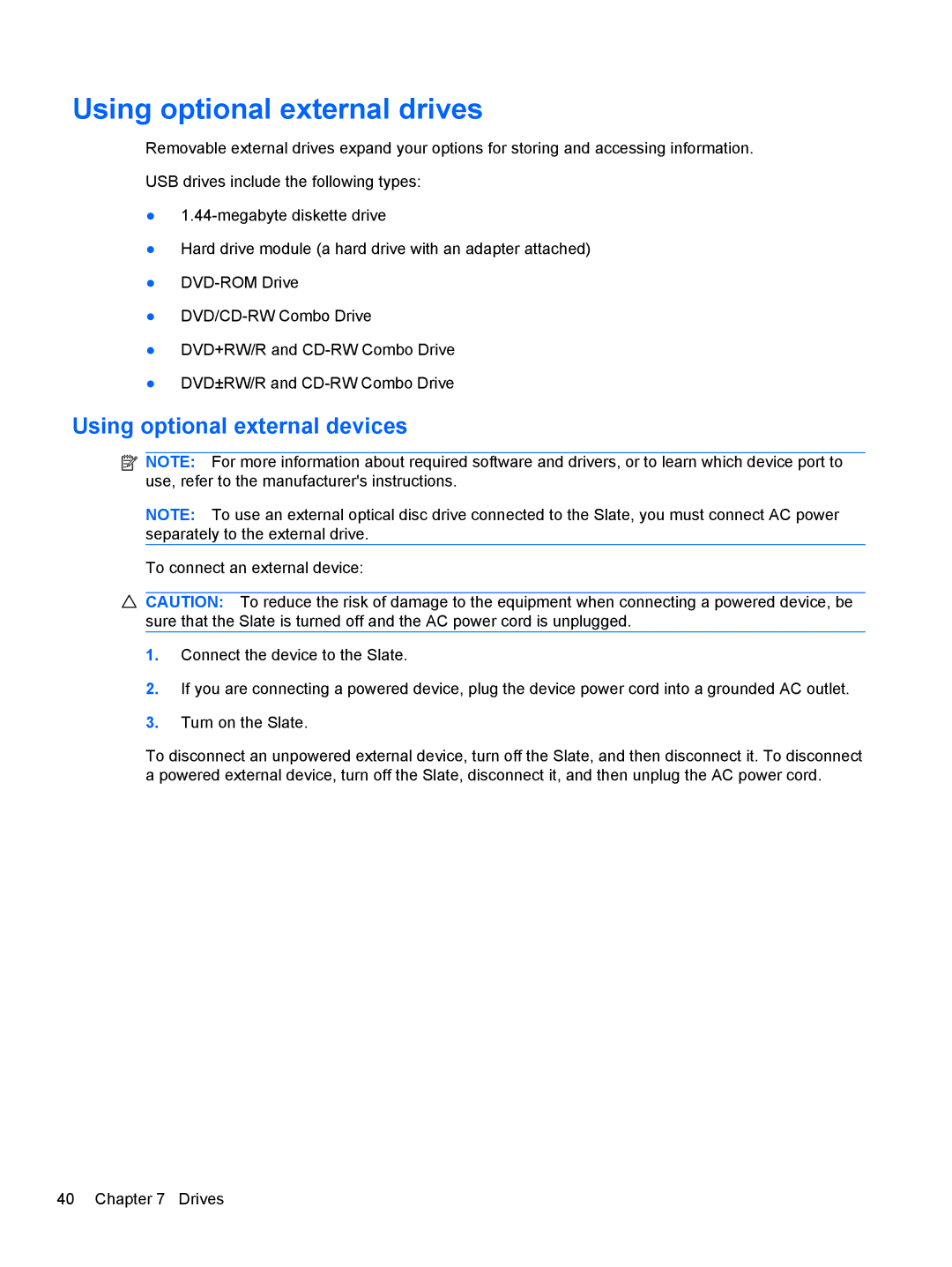 HP 500 manual Using optional external drives, Using optional external devices 