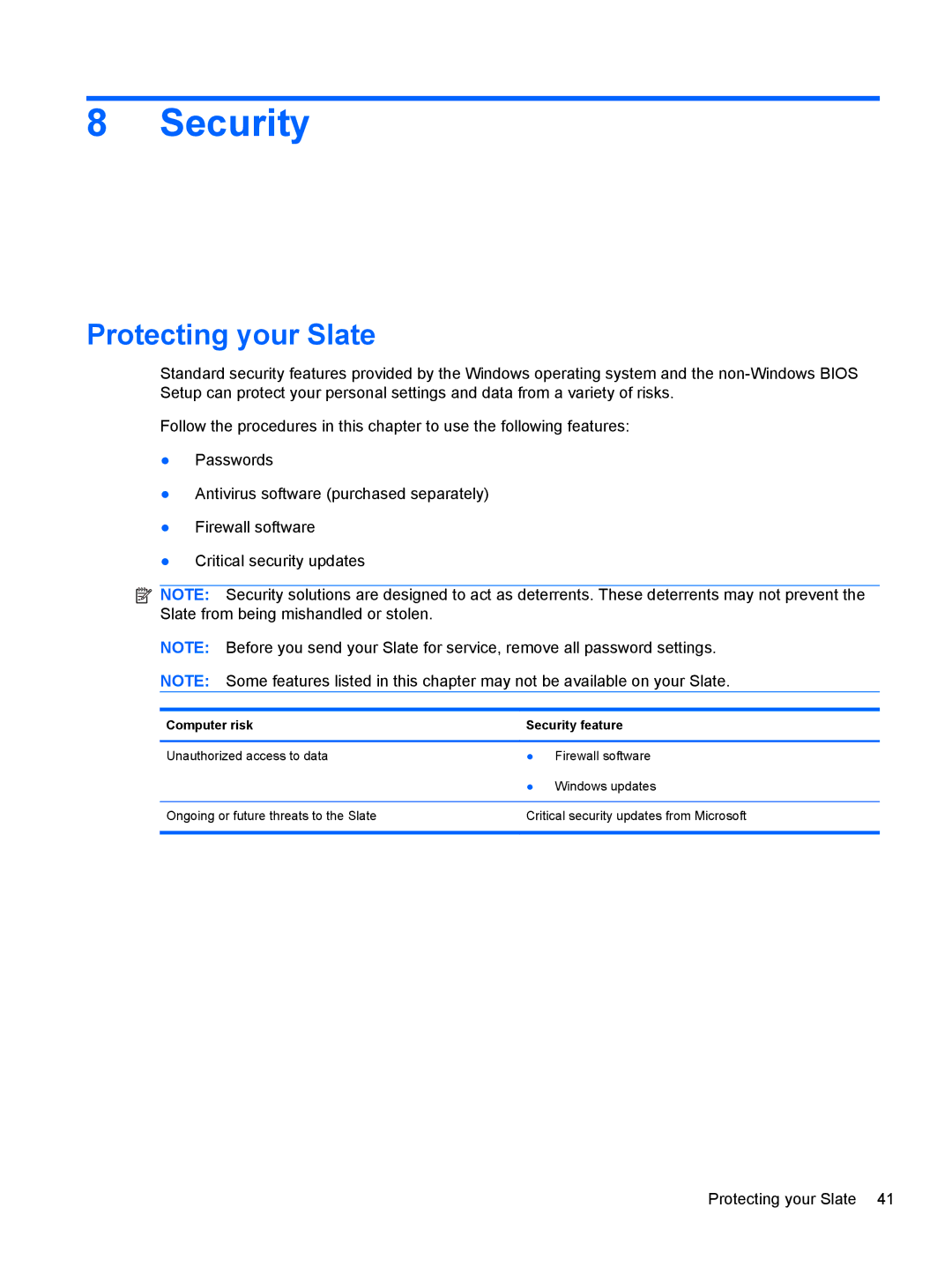 HP 500 manual Security, Protecting your Slate 