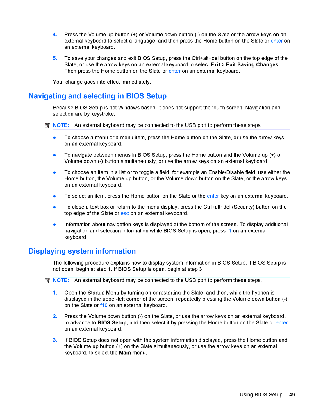 HP 500 manual Navigating and selecting in Bios Setup, Displaying system information 