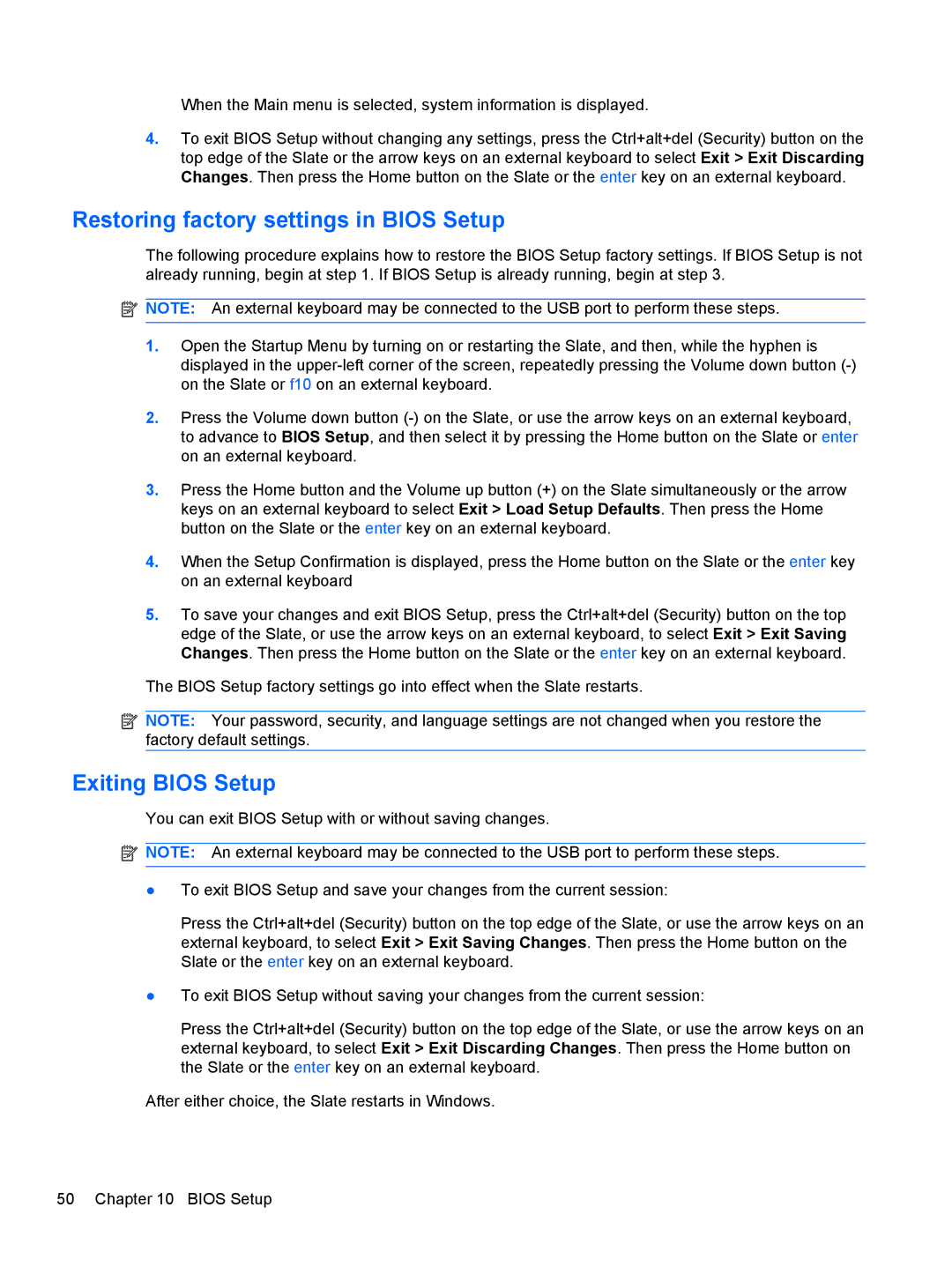 HP 500 manual Restoring factory settings in Bios Setup, Exiting Bios Setup 