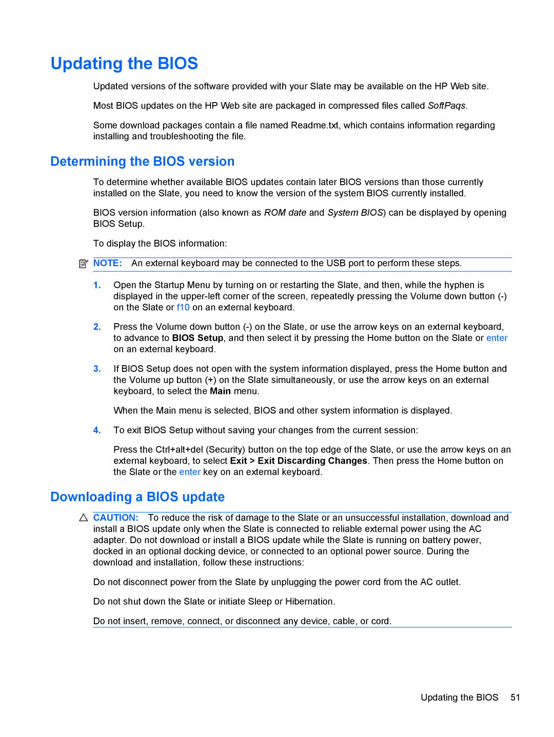 HP 500 manual Updating the Bios, Determining the Bios version, Downloading a Bios update 