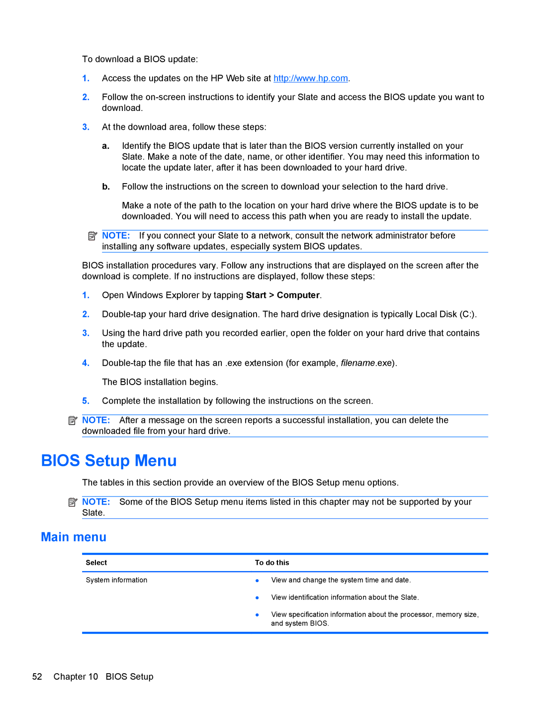 HP 500 manual Bios Setup Menu, Main menu 