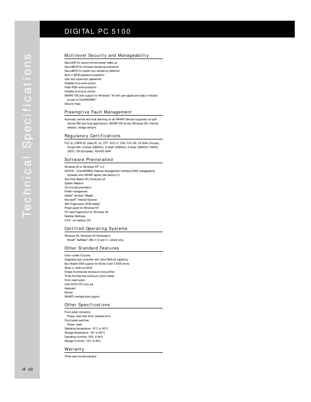 HP 500 Multilevel Security and Manageability, Preemptive Fault Management, Regulatory Certifications, Other Specifications 