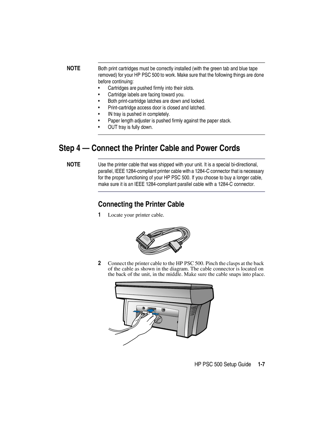 HP 500 manual Connect the Printer Cable and Power Cords, Connecting the Printer Cable 