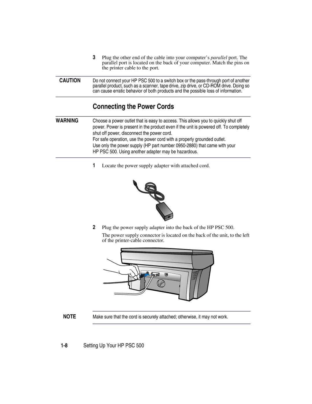 HP 500 manual Connecting the Power Cords, 8Setting Up Your HP PSC 