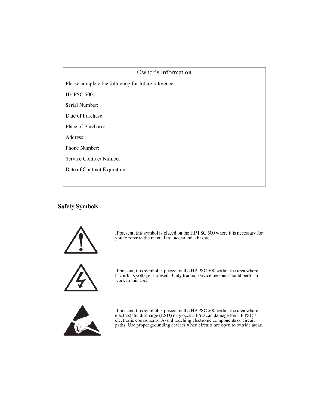 HP 500 manual Owner’s Information 