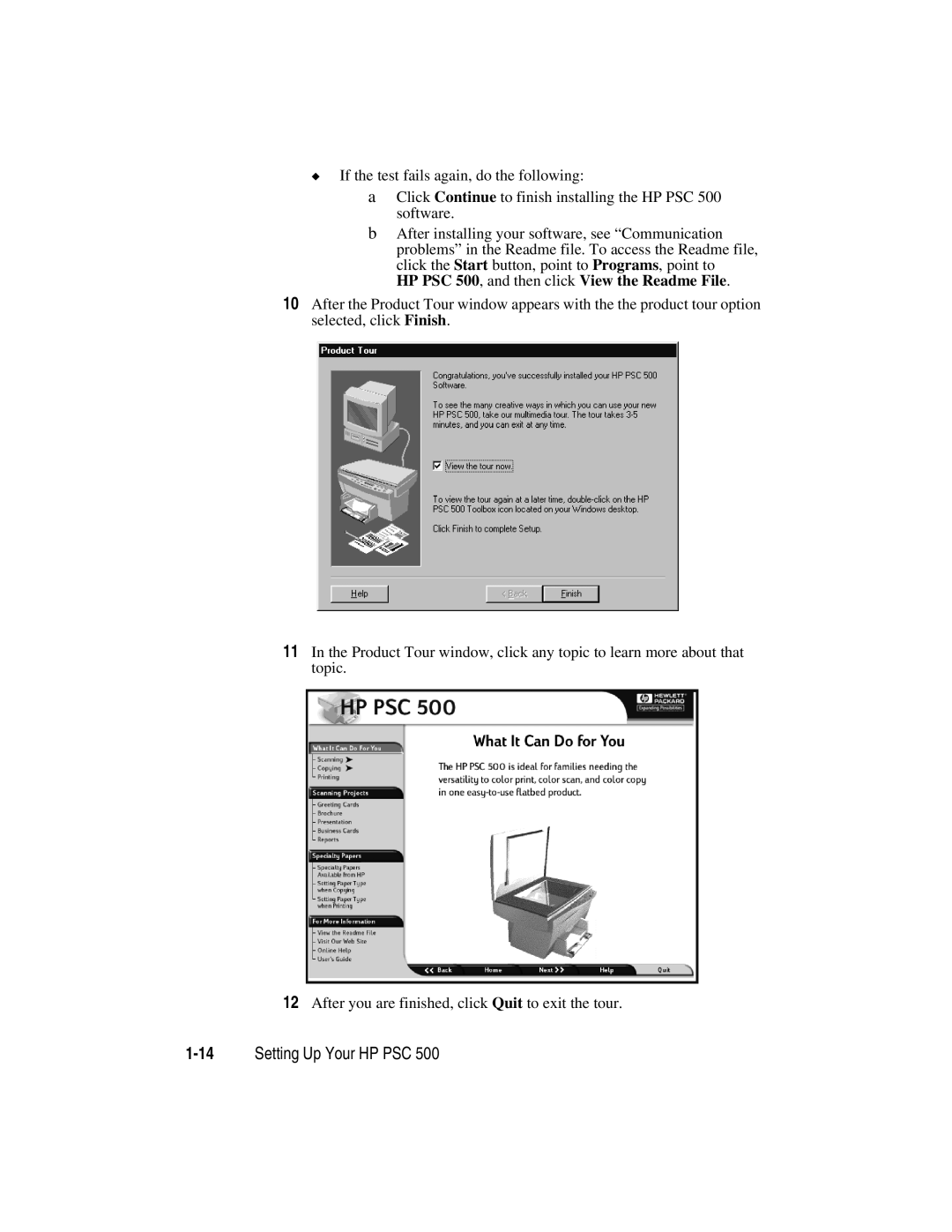 HP manual 14Setting Up Your HP PSC, HP PSC 500, and then click View the Readme File 