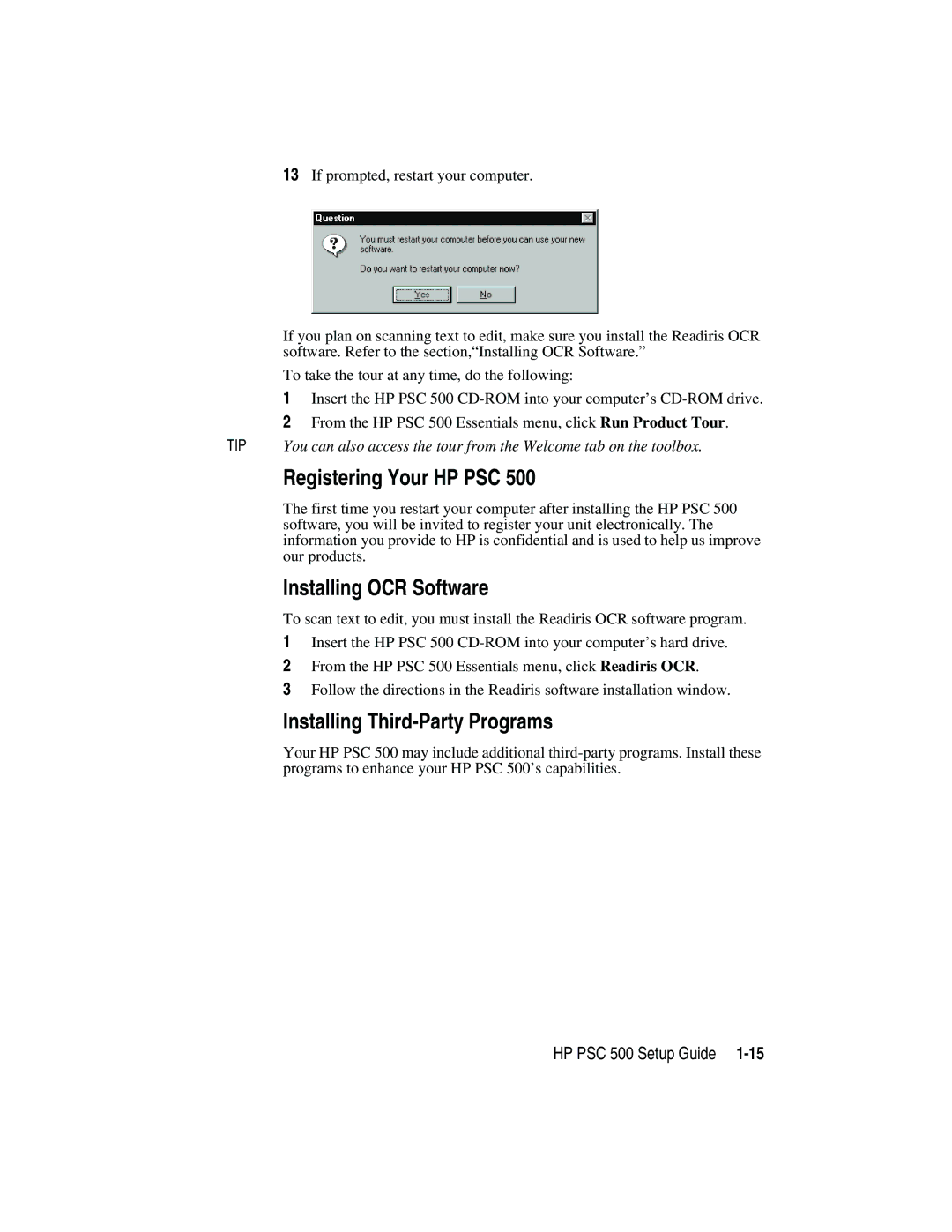 HP 500 manual Registering Your HP PSC, Installing OCR Software, Installing Third-Party Programs 