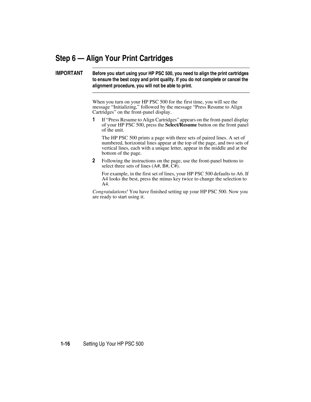 HP 500 manual Align Your Print Cartridges, 16Setting Up Your HP PSC 