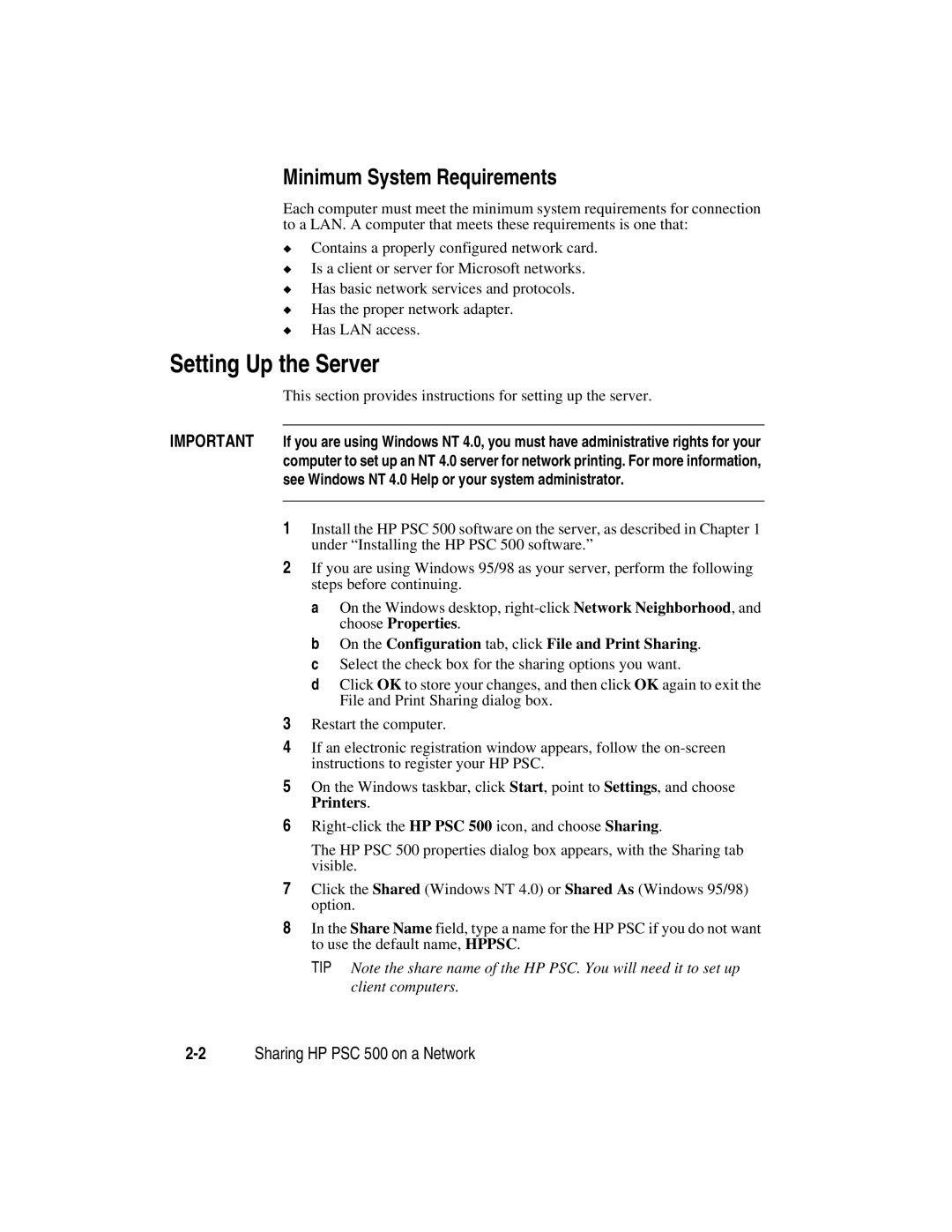 HP manual Setting Up the Server, Minimum System Requirements, 2Sharing HP PSC 500 on a Network 