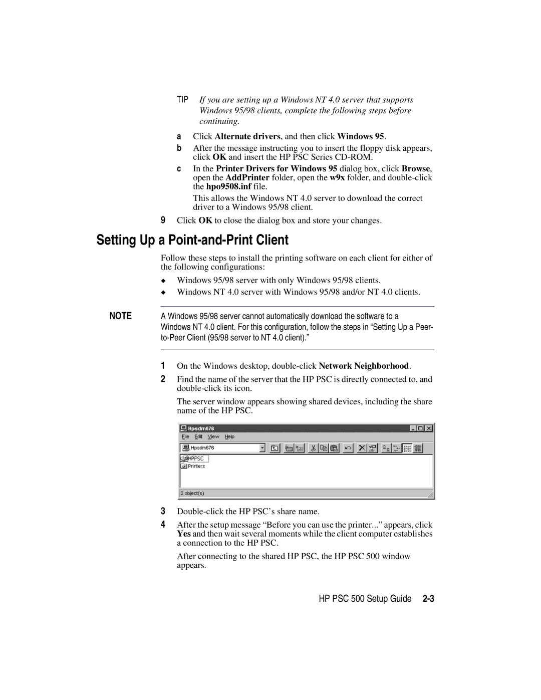 HP 500 manual Setting Up a Point-and-Print Client, Click Alternate drivers, and then click Windows 