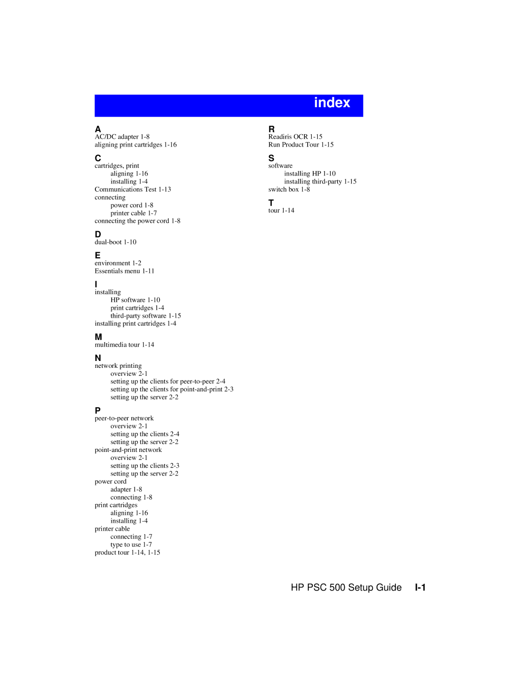 HP 500 manual Index 