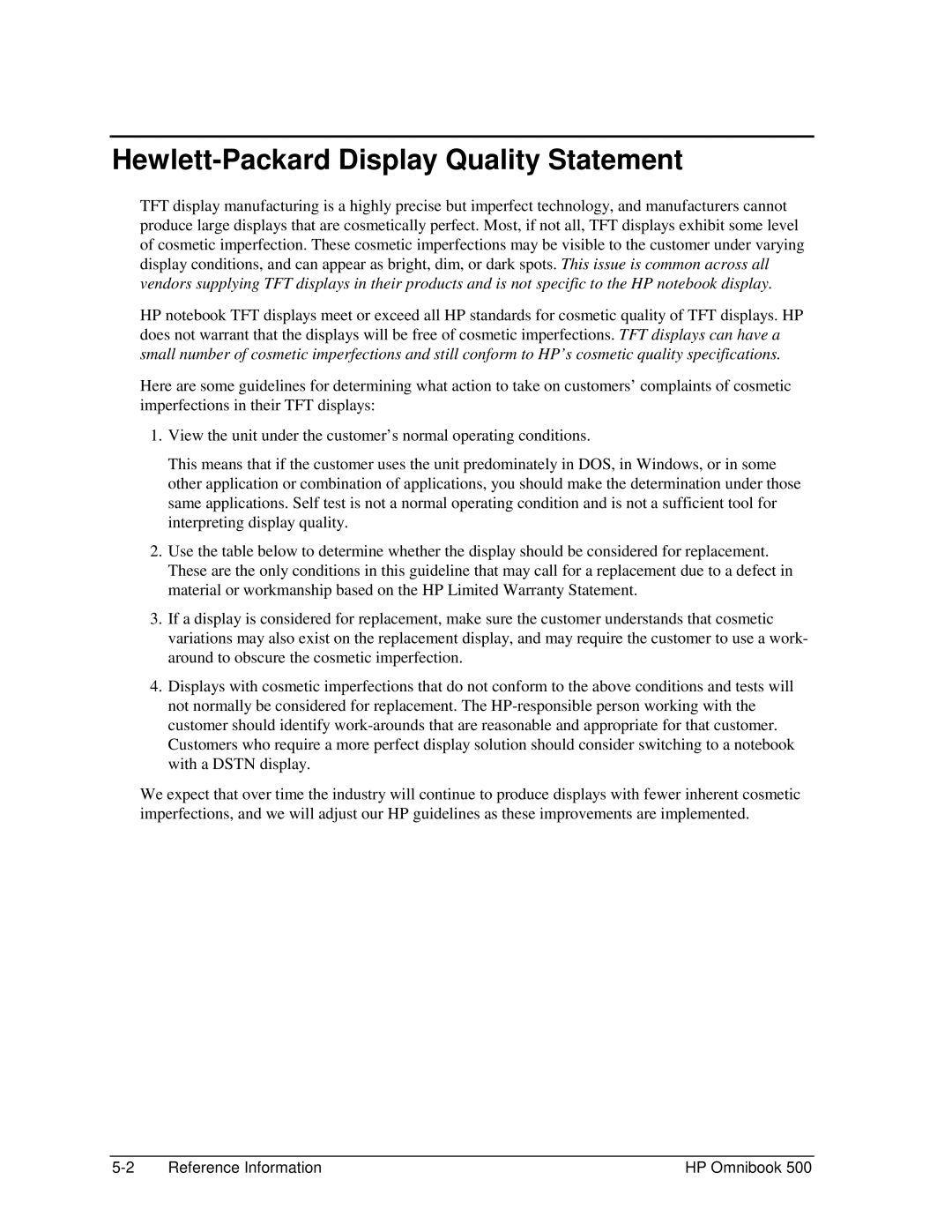 HP 500 manual Hewlett-Packard Display Quality Statement 