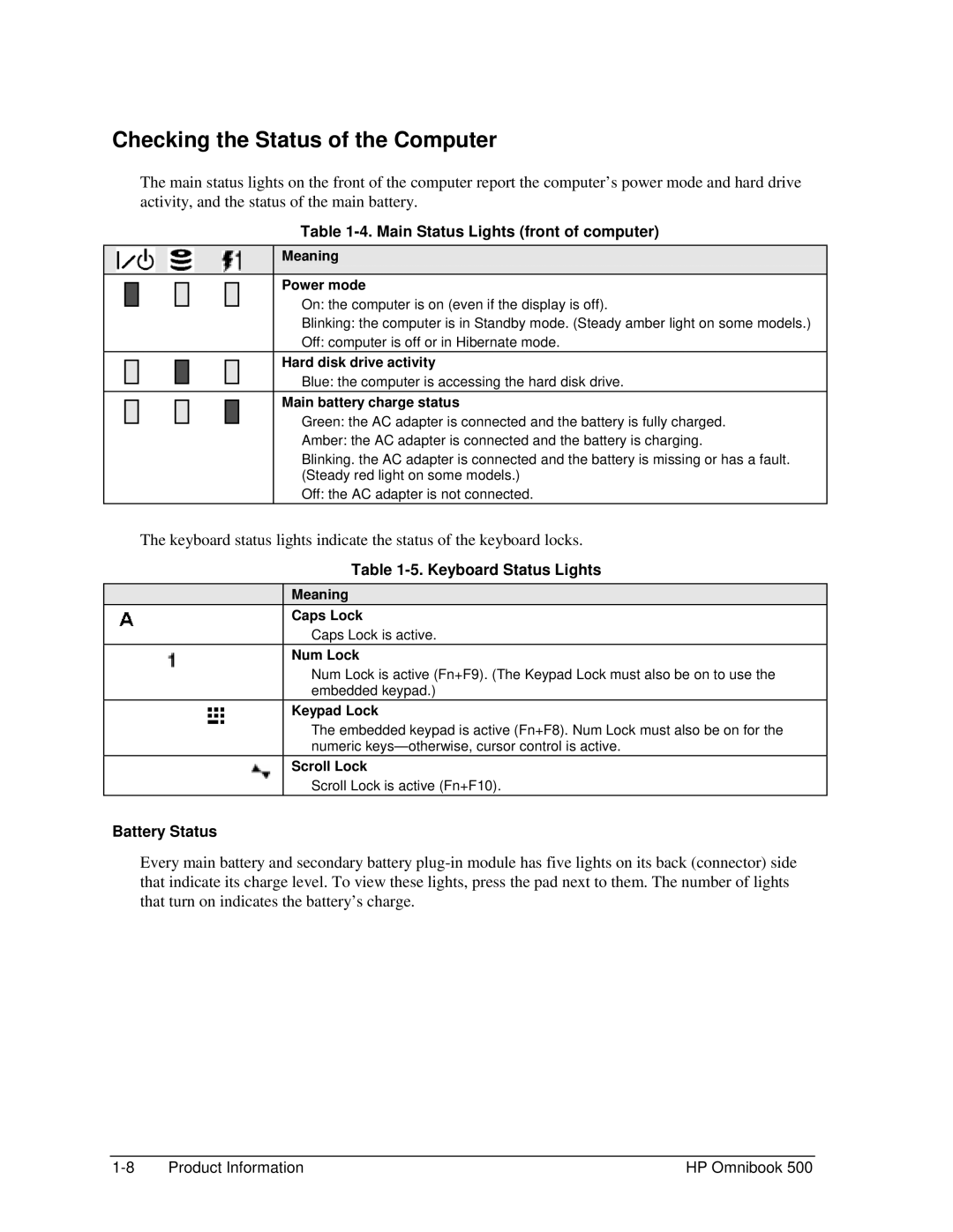 HP 500 Checking the Status of the Computer, Main Status Lights front of computer, Keyboard Status Lights, Battery Status 