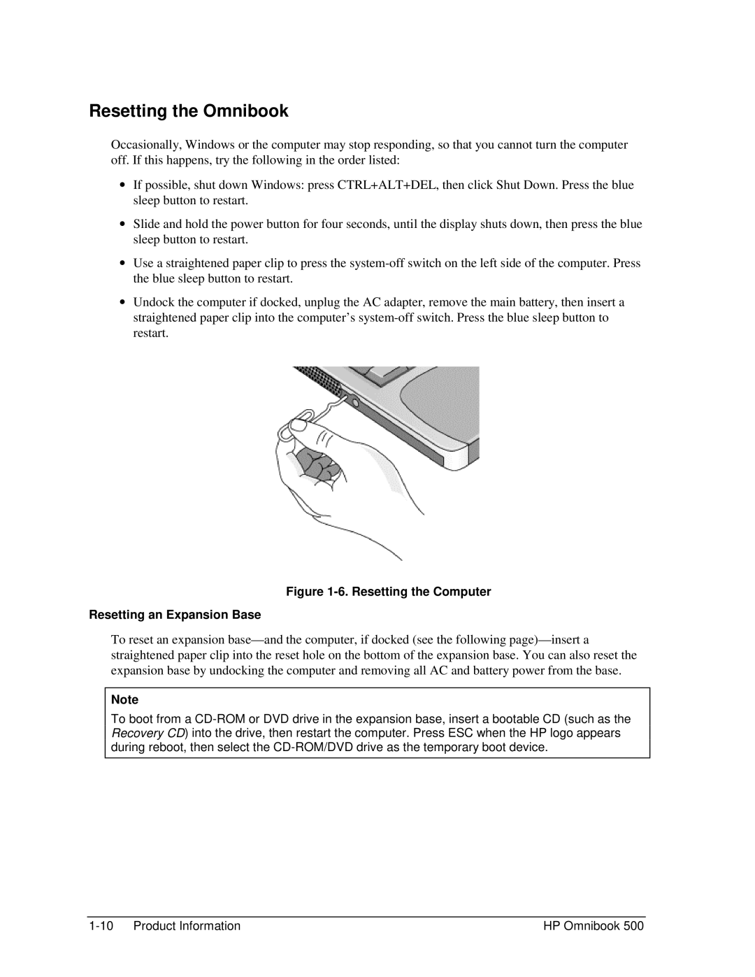 HP 500 manual Resetting the Omnibook, Resetting the Computer Resetting an Expansion Base 