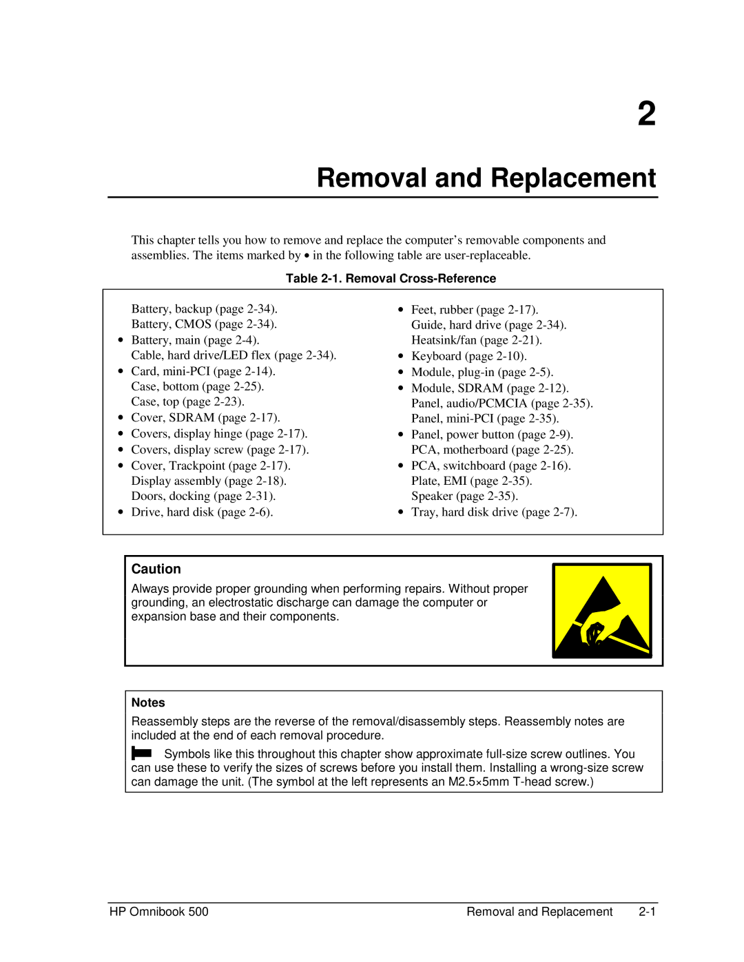 HP 500 manual Removal and Replacement, Removal Cross-Reference 