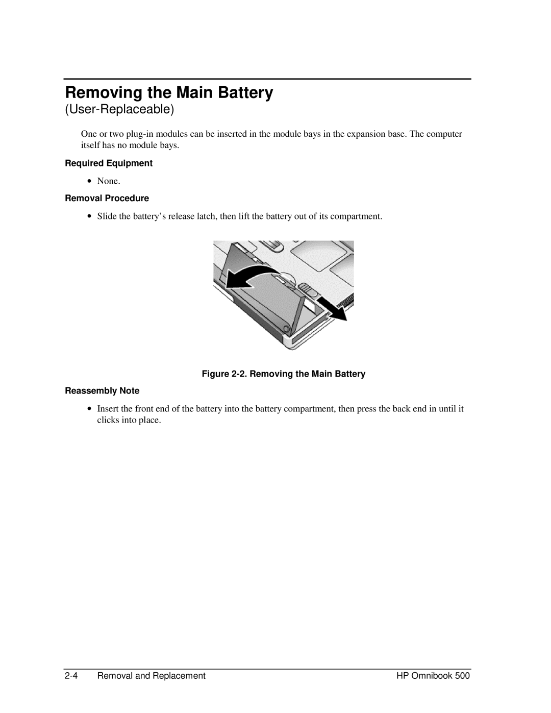 HP 500 manual Removing the Main Battery, Removal Procedure 