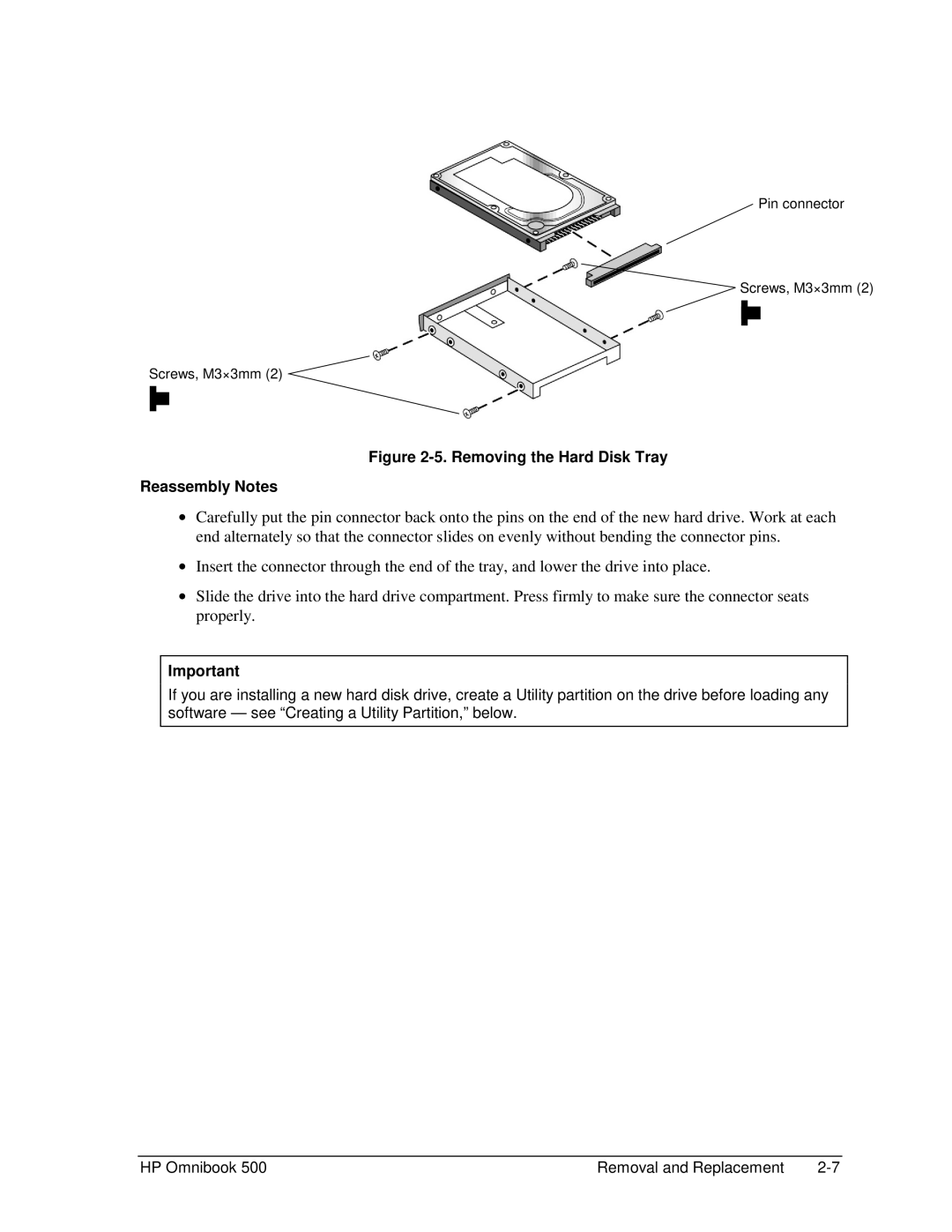 HP 500 manual Removing the Hard Disk Tray Reassembly Notes 