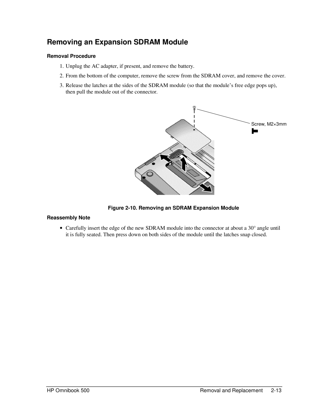 HP 500 manual Removing an Expansion Sdram Module, Removing an Sdram Expansion Module Reassembly Note 