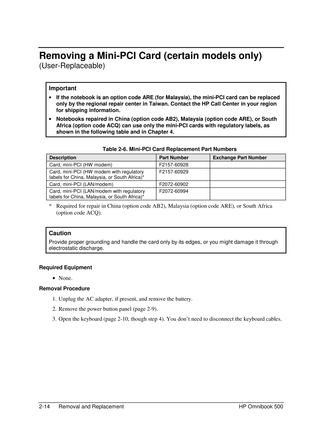 HP 500 manual Removing a Mini-PCI Card certain models only 