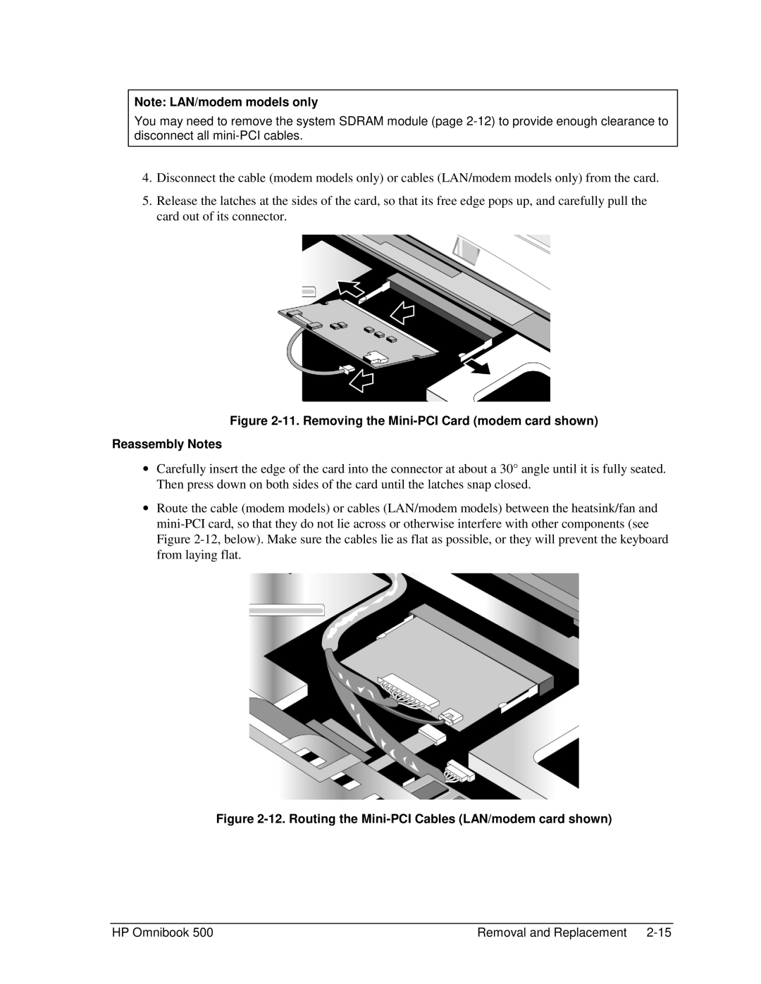 HP 500 manual Routing the Mini-PCI Cables LAN/modem card shown 