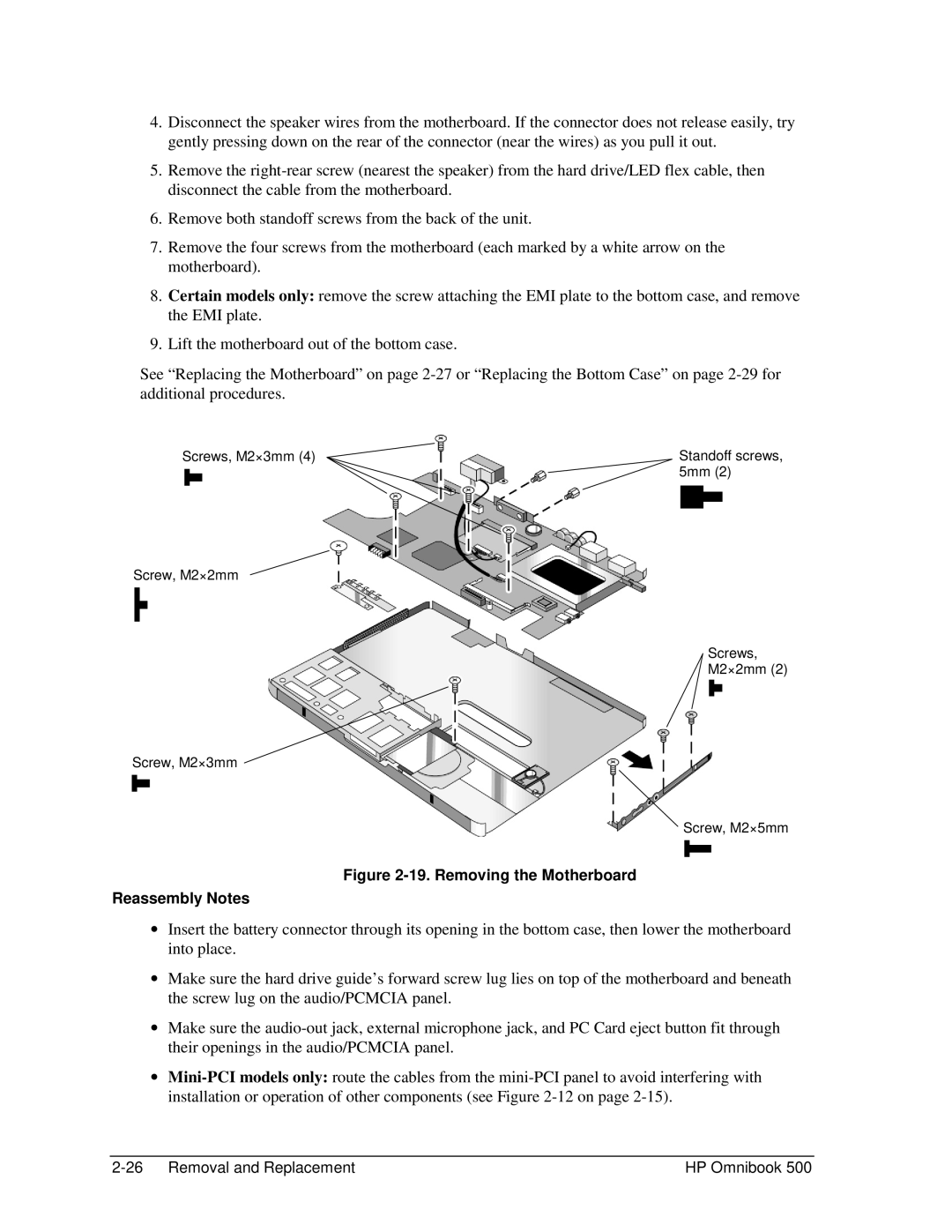 HP 500 manual Removing the Motherboard Reassembly Notes 