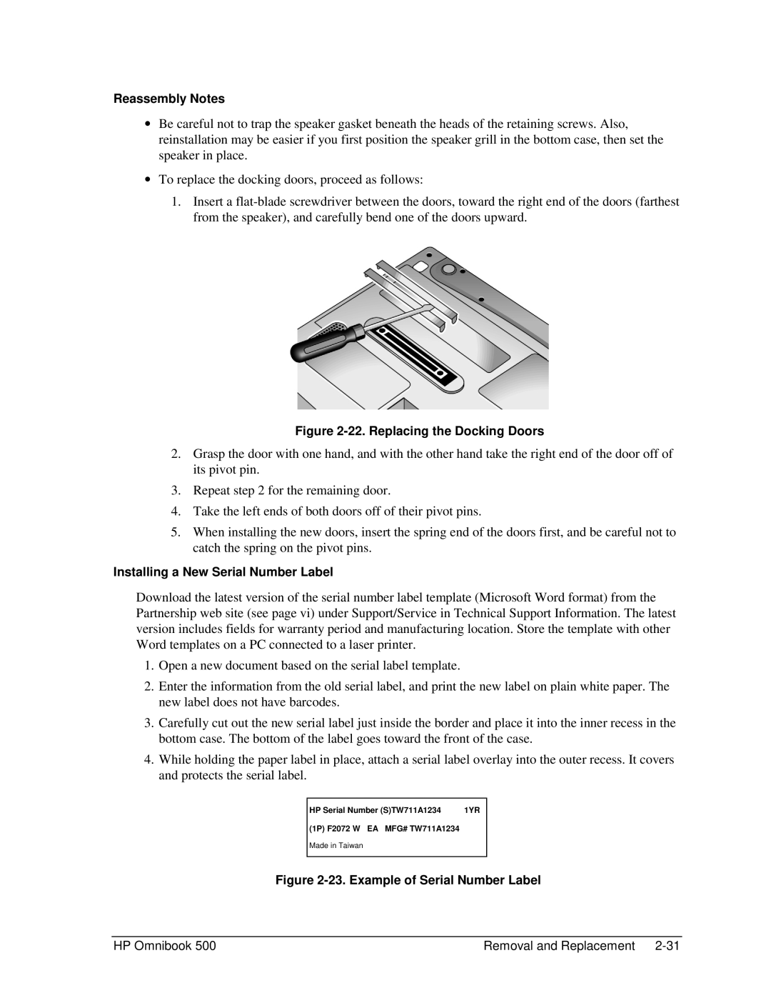 HP 500 manual Replacing the Docking Doors, Example of Serial Number Label 