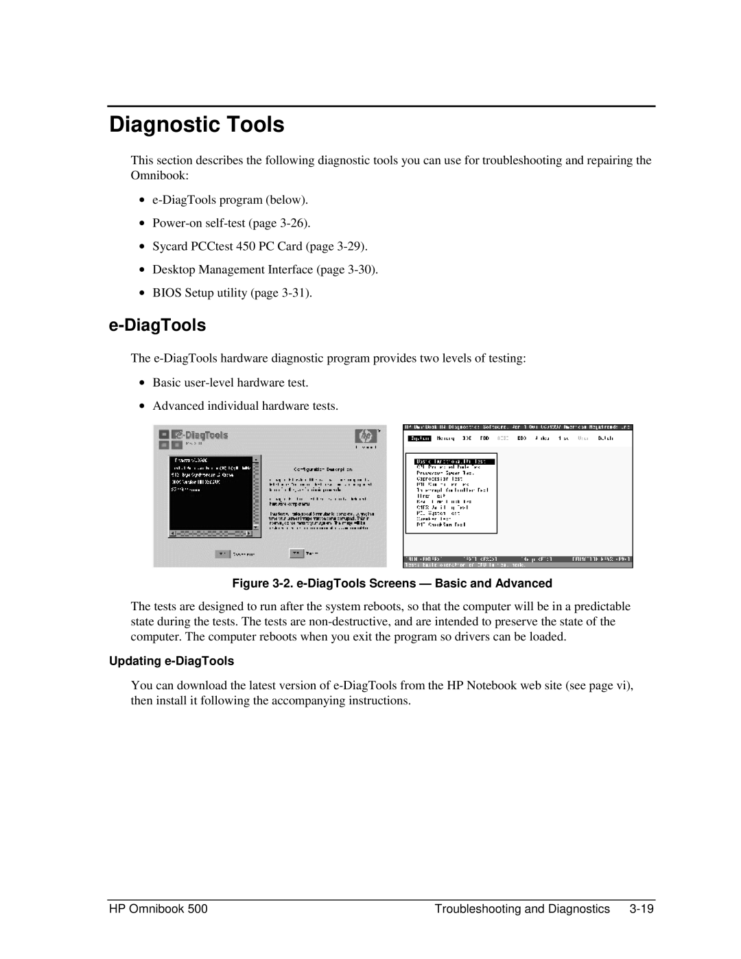 HP 500 manual Diagnostic Tools, Updating e-DiagTools 