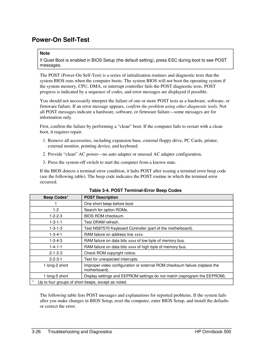 HP 500 manual Power-On Self-Test, Post Terminal-Error Beep Codes, Beep Codes Post Description 