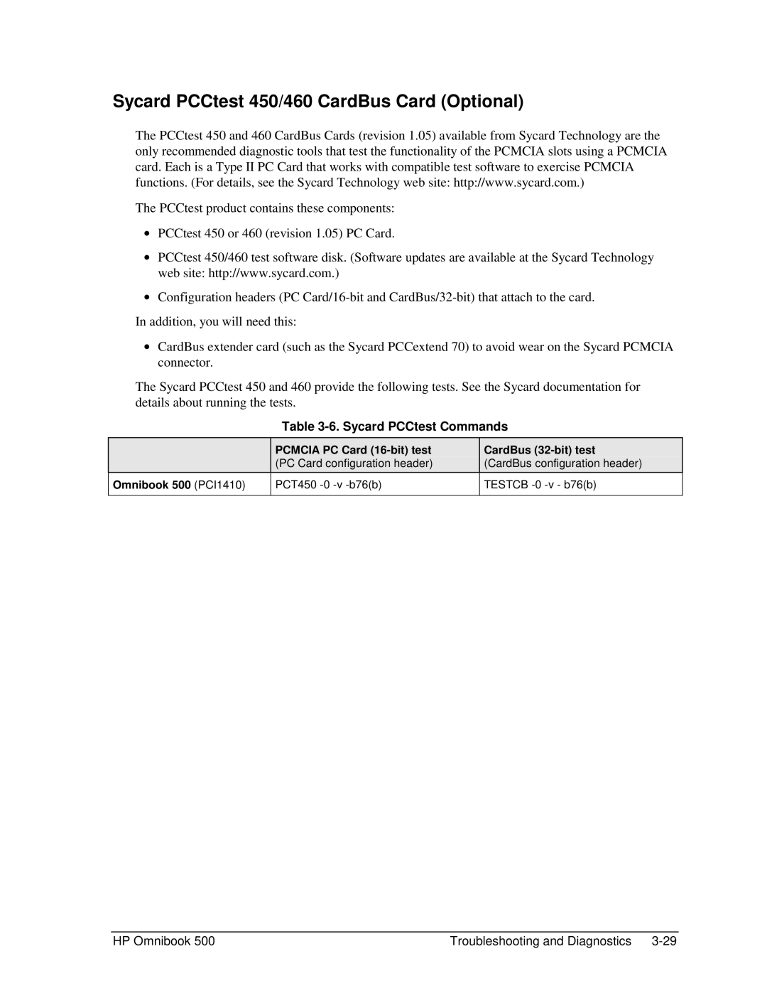 HP manual Sycard PCCtest 450/460 CardBus Card Optional, Sycard PCCtest Commands, Omnibook 500 PCI1410 