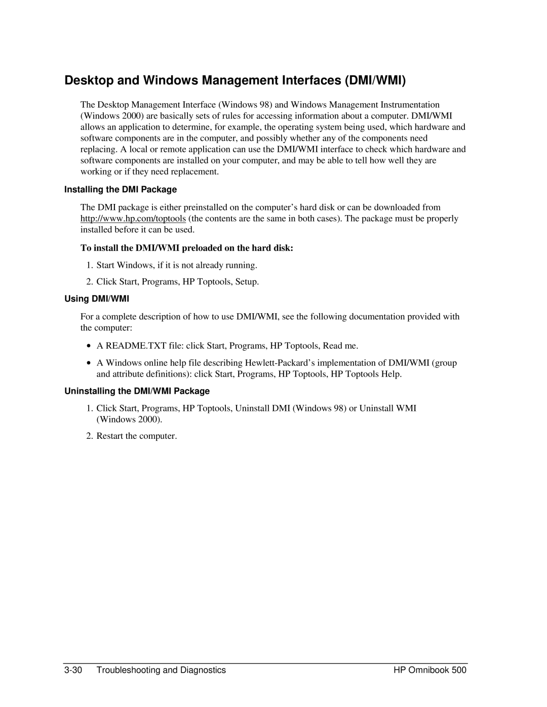 HP 500 manual Desktop and Windows Management Interfaces DMI/WMI, Installing the DMI Package, Using DMI/WMI 