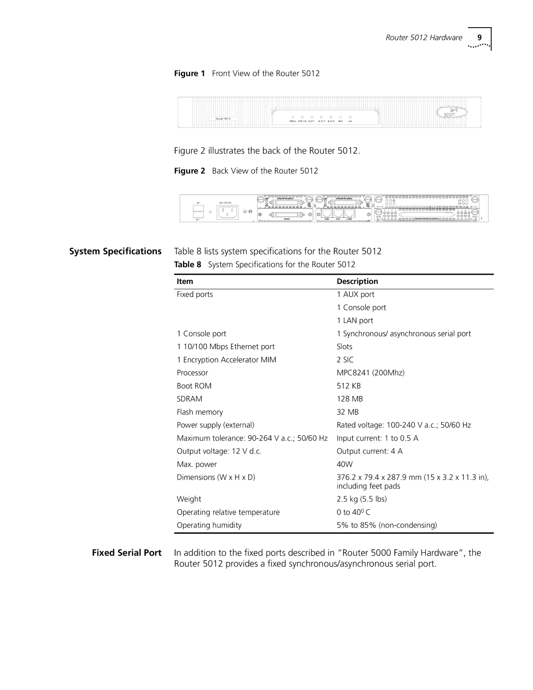 HP 5000 Router manual Front View of the Router, System Specifications for the Router 