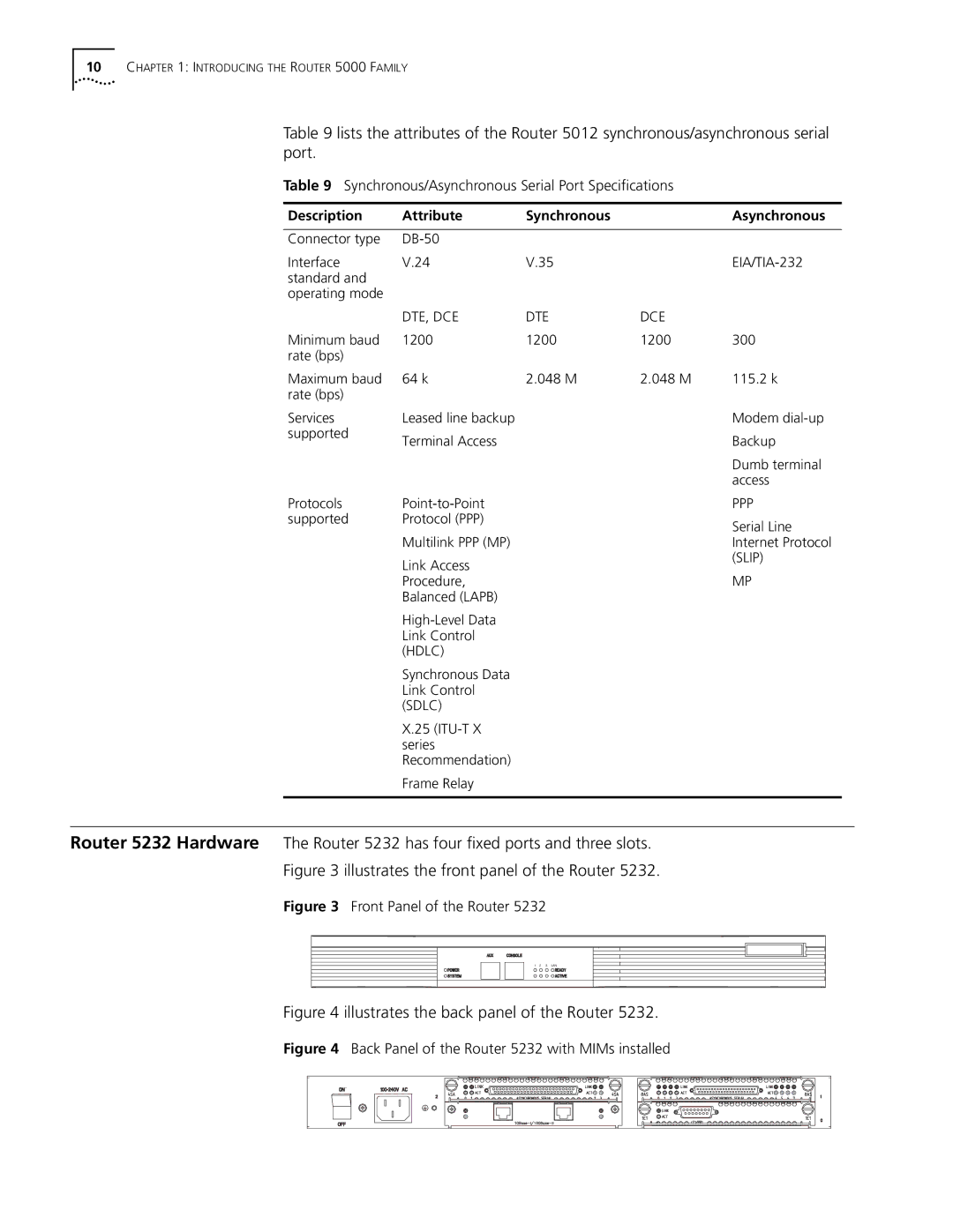 HP 5000 Router manual Synchronous/Asynchronous Serial Port Specifications, Description Attribute Synchronous Asynchronous 