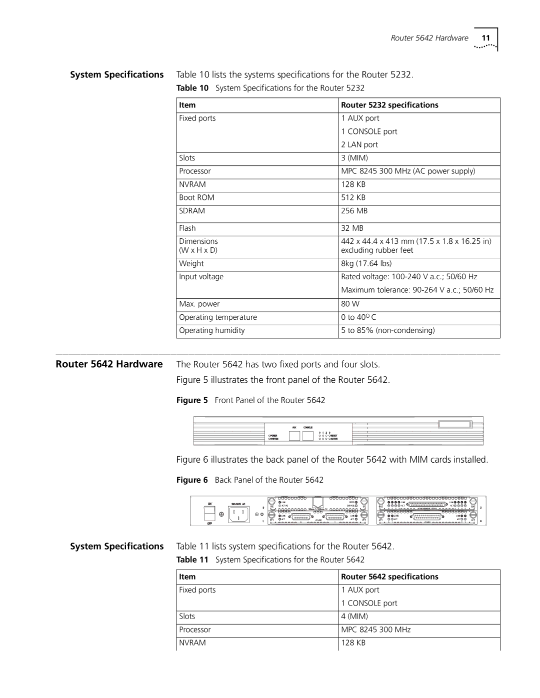 HP 5000 Router manual Router 5232 specifications, Router 5642 specifications 