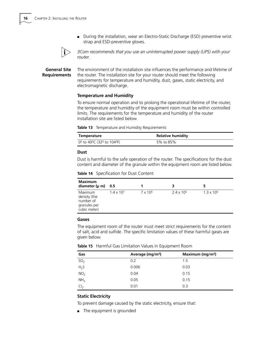 HP 5000 Router manual Temperature and Humidity, Specification for Dust Content, Gases, Static Electricity 