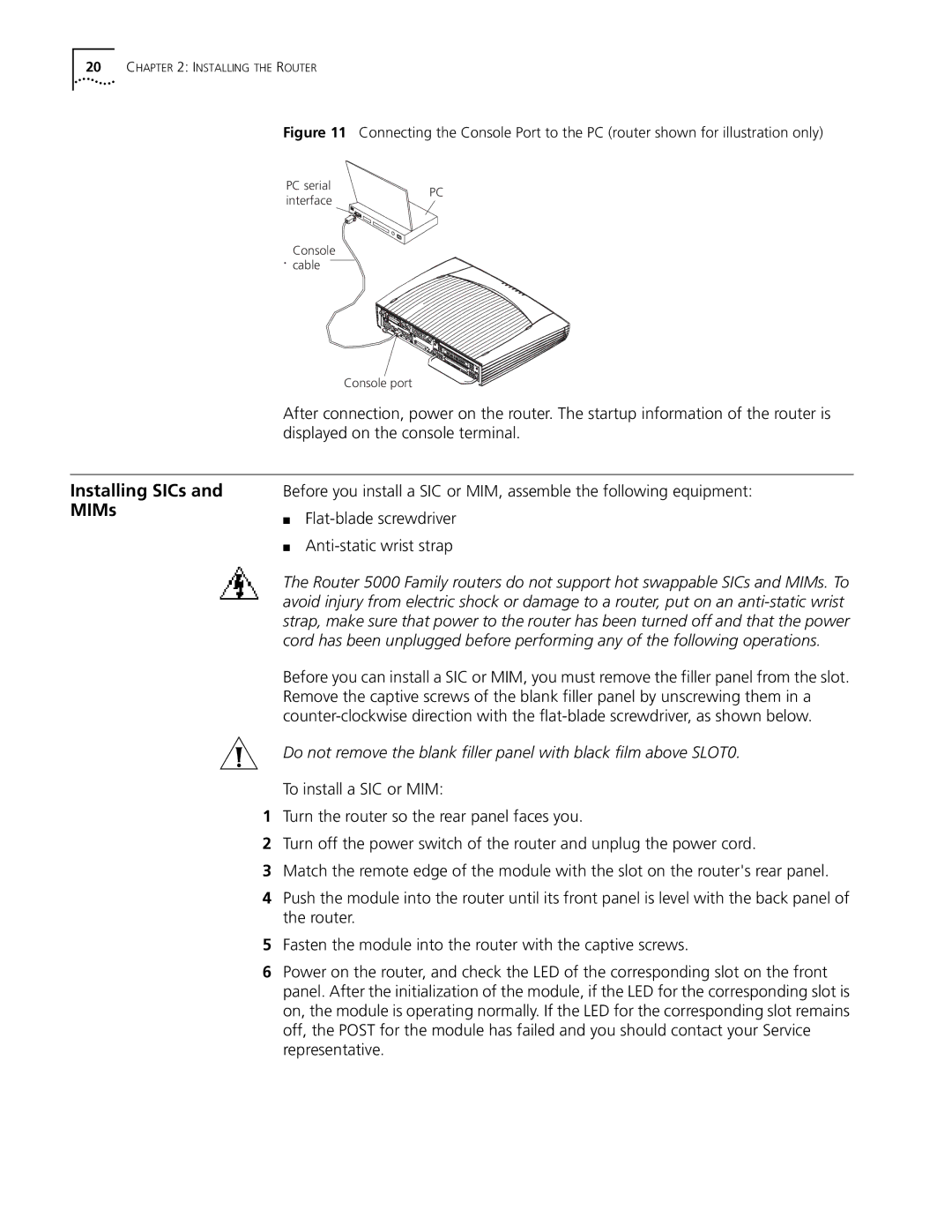 HP 5000 Router manual Installing SICs and MIMs 