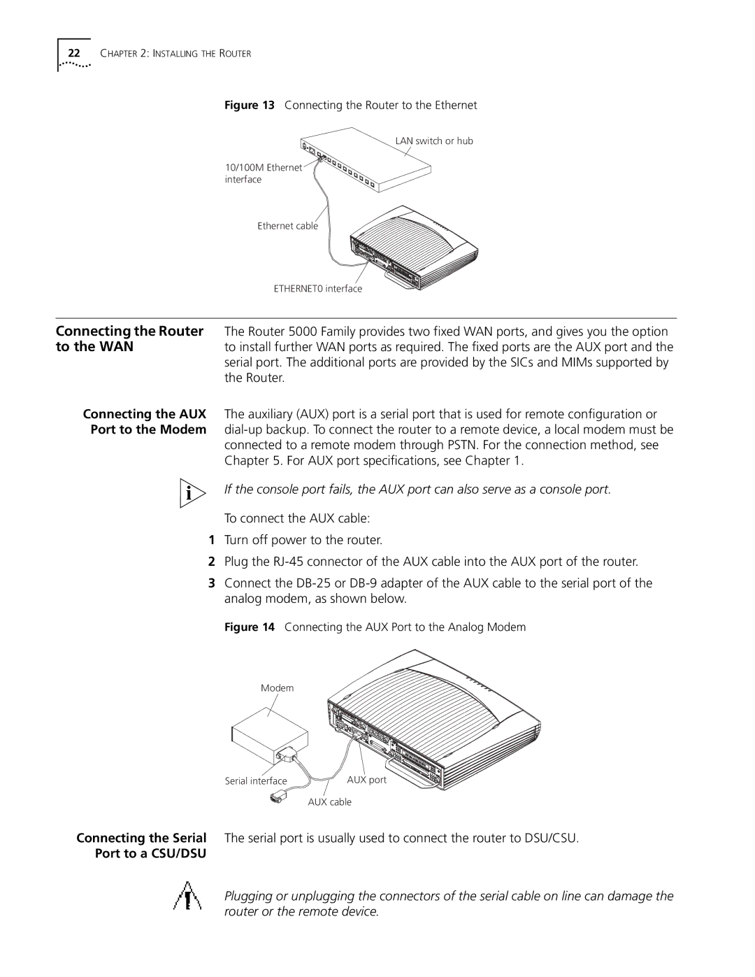 HP 5000 Router manual Port to a CSU/DSU, Connecting the AUX Port to the Analog Modem 