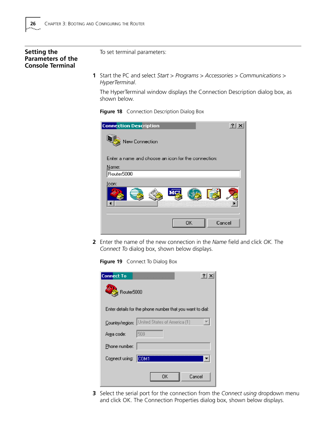 HP 5000 Router manual Setting, Parameters Console Terminal, To set terminal parameters, Shown below 