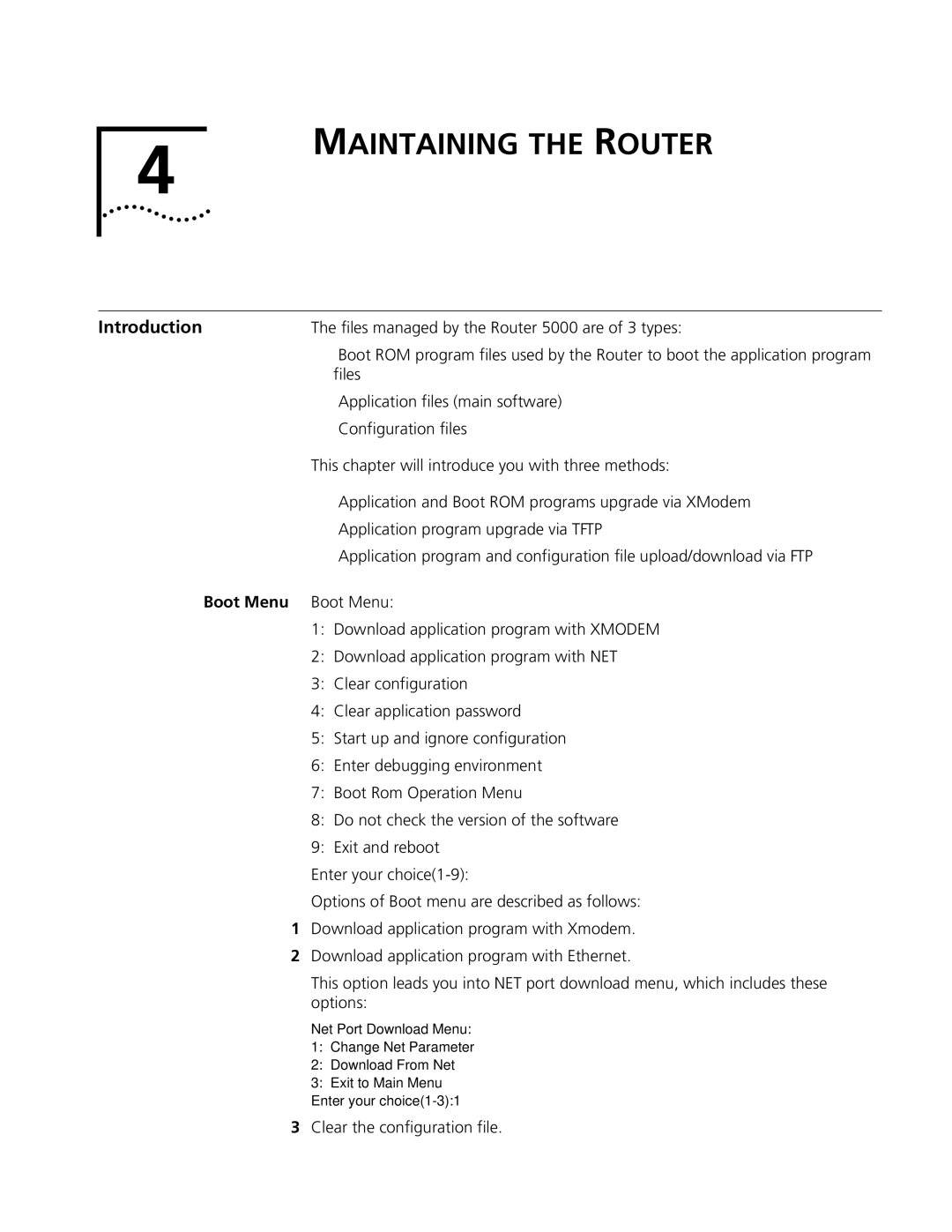 HP 5000 Router manual Maintaining the Router, Introduction, Boot Menu Boot Menu 