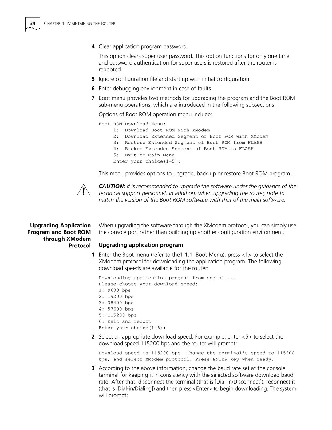 HP 5000 Router manual Options of Boot ROM operation menu include, Through XModem, Upgrading application program 