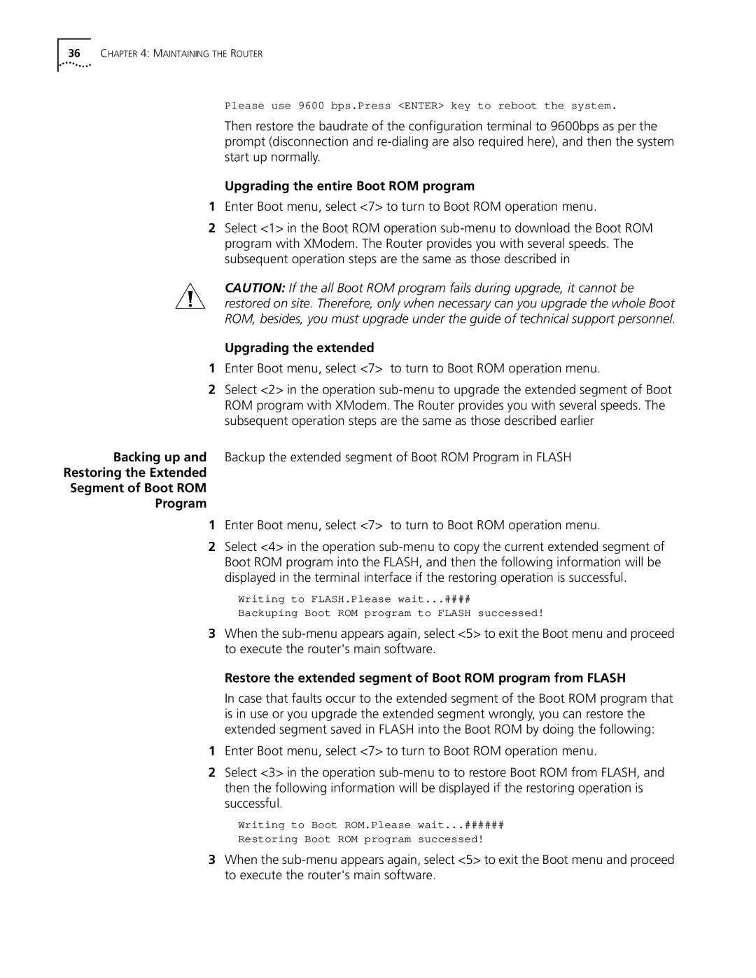 HP 5000 Router manual Upgrading the entire Boot ROM program, Upgrading the extended 