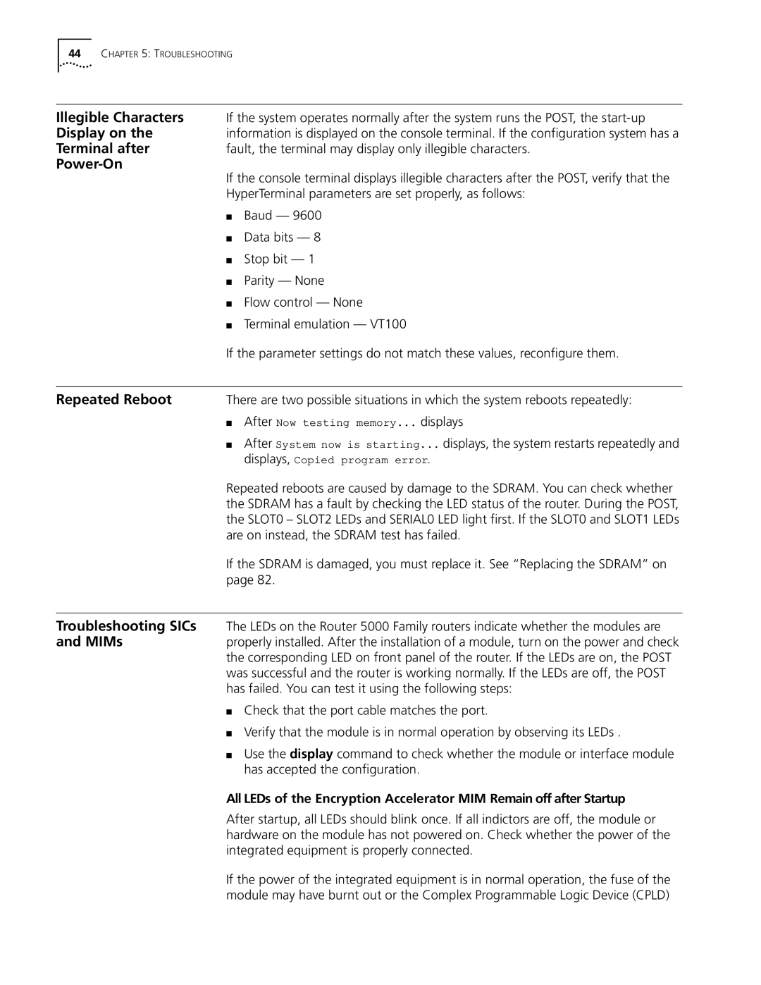 HP 5000 Router manual Illegible Characters, Display on, Terminal after, Power-On, Repeated Reboot 